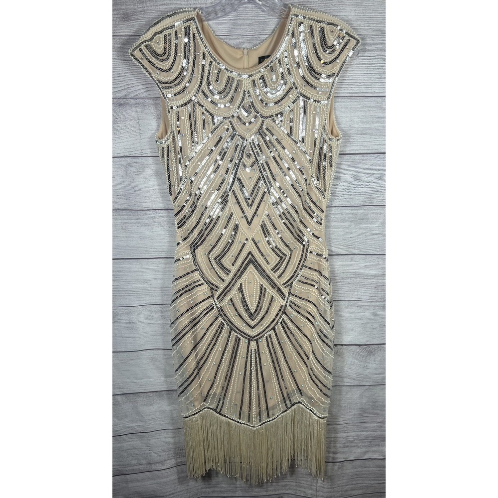 BABEYOND Women's Sequin Fringe Vintage Style 20s Dress M Beige Silver